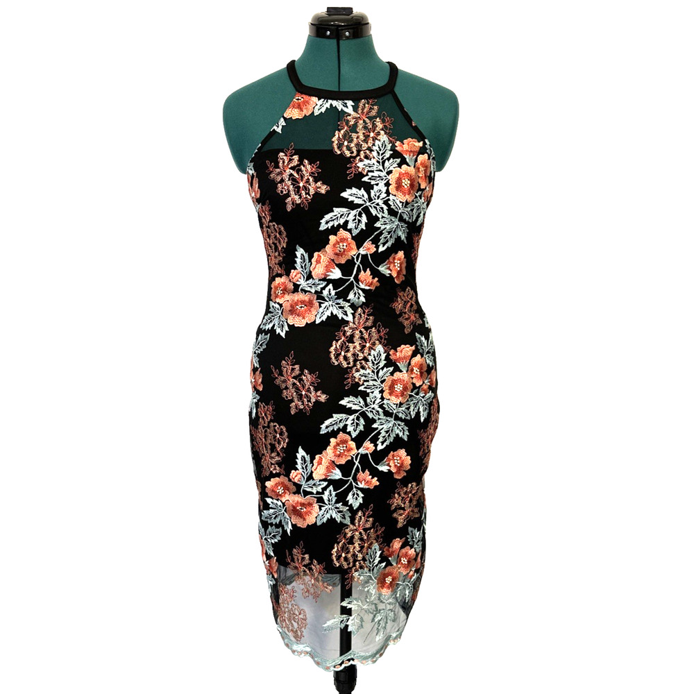 Guess Women Bodycon Knee Length Dress Sleeveless Embroidered Floral Halter‎ Sz 2